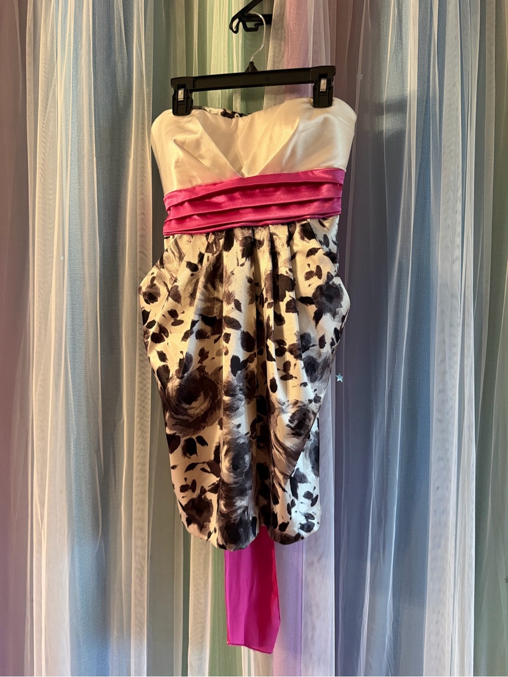 ruby moon White Strapless Dress with Hot Pink Sash and Black Floral Skirt